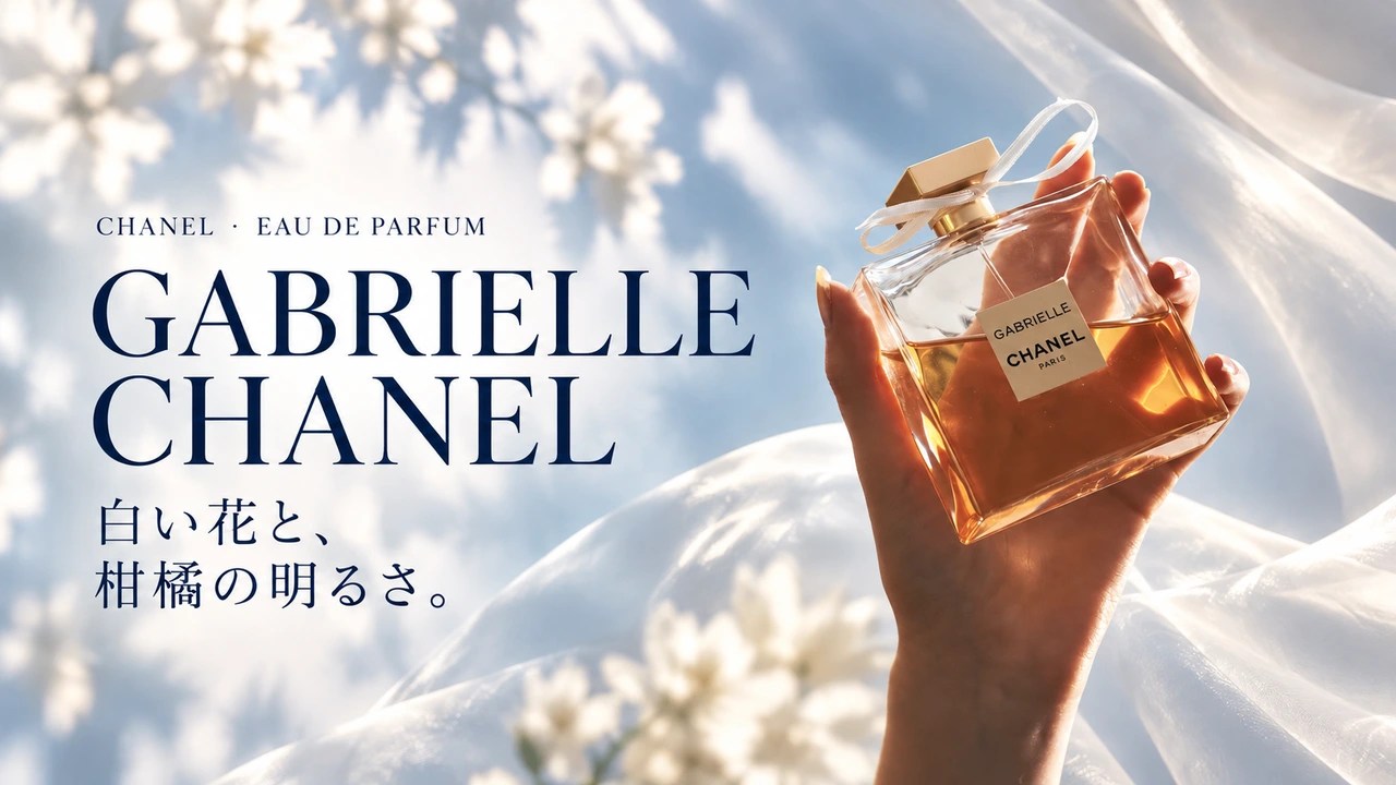 ガブリエル シャネルの実写真をもとに、青い布と花の影、光、文字を組み合わせた編集画像