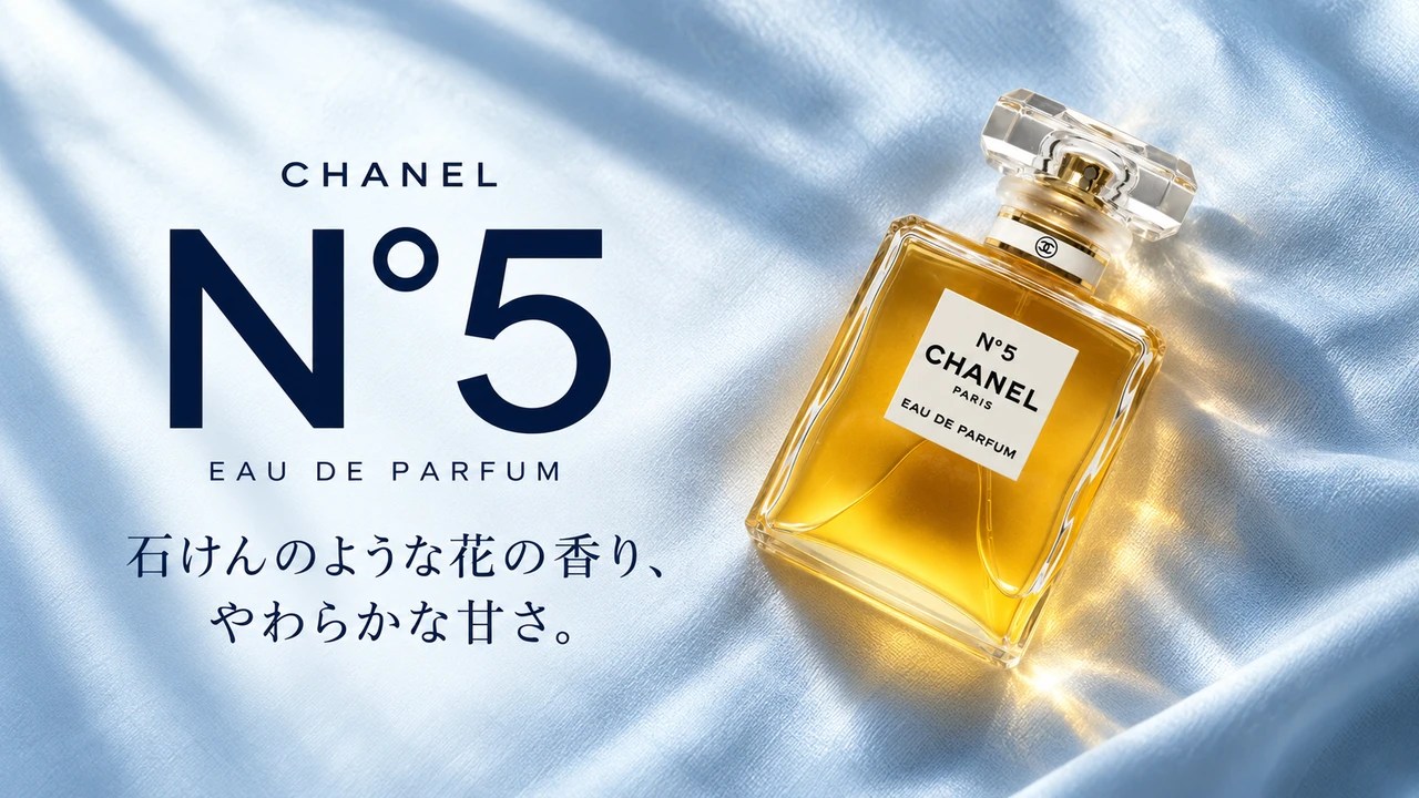 シャネル N°5 オードゥ パルファムの実写真をもとに、青い布と光、商品名を組み合わせた編集画像