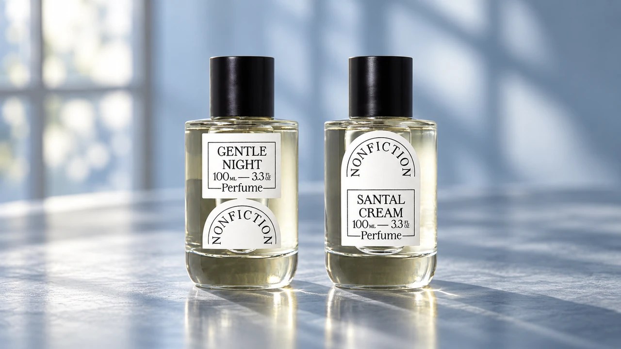 青い窓光を背景に、左にGENTLE NIGHT、右にSANTAL CREAMを並べた各100mLのAI合成イメージ。