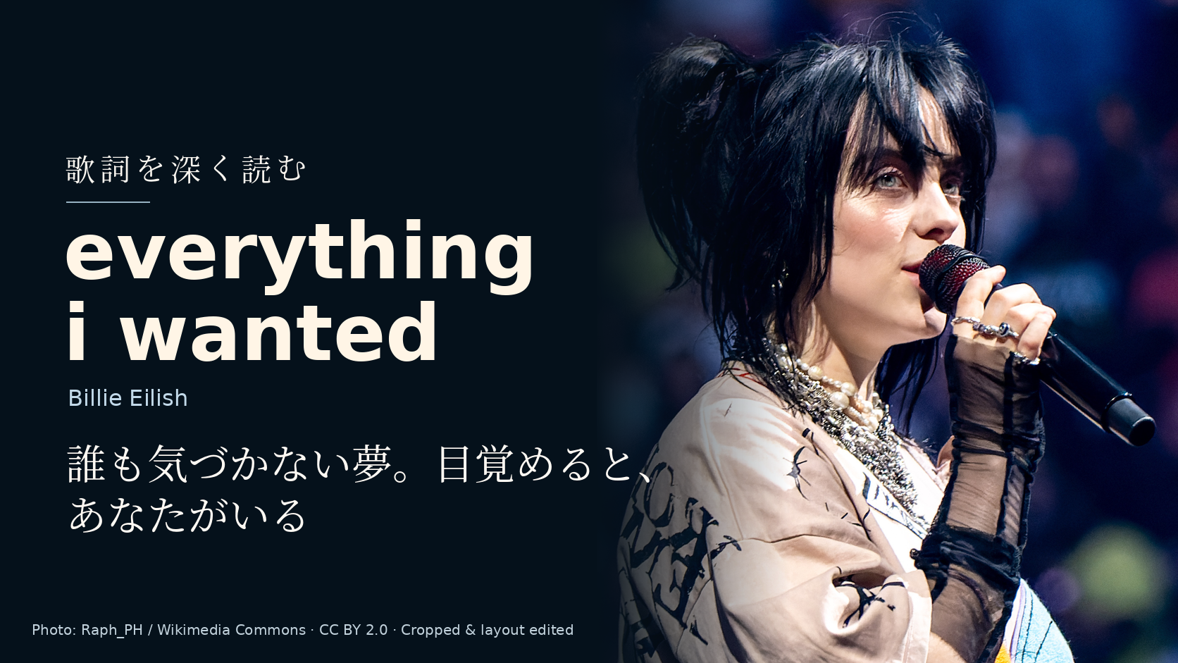 Billie Eilish「everything i wanted」の歌詞解説用画像。Billie Eilishの実写真と曲名。
