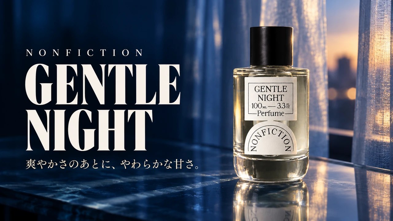 NONFICTION GENTLE NIGHT 100mLと青い夕景を組み合わせたAI合成画像。
