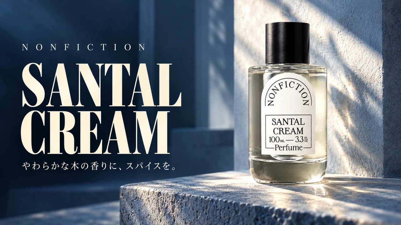 NONFICTION SANTAL CREAM 100mLと斜光の差す青い石壁を組み合わせたAI合成画像。